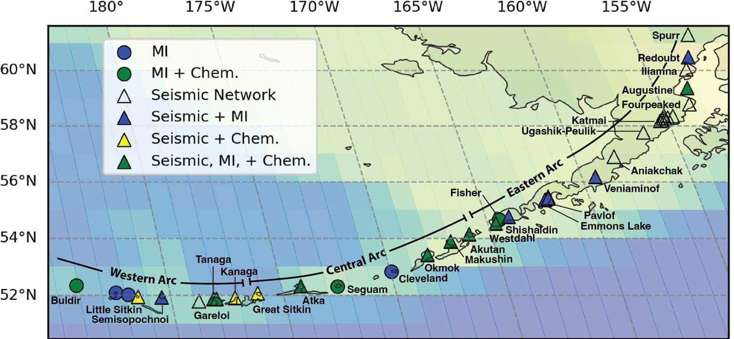 Map of volcanoes and available data along the Alaska-Aleutian arc