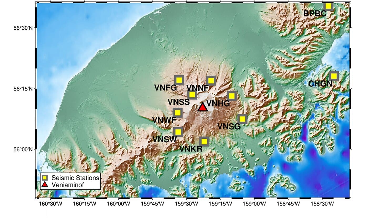 Map of seismic monitoring stations around Veniaminof volcano