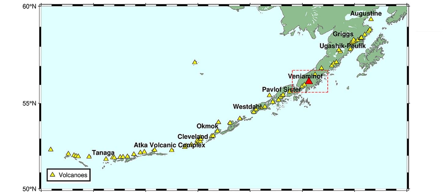 Volcanoes of the Alaska Peninsula and Aleutian arc, including Okmok, Westdahl, and Veniaminof. From Li et al. (2025), Frontiers in Earth Science, CC BY 4.0.